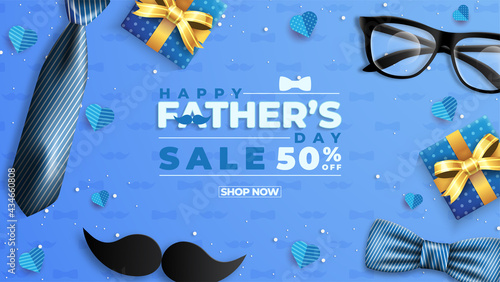 Father's Day Sale Promotion Poster or banner with open gift wrap paper concept. Promotion and shopping template for Father's Day. Vector illustration
