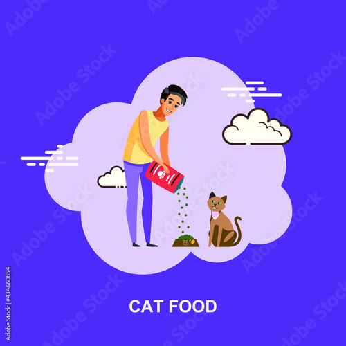 Cat food provided by young boy with cat looking at food to eat