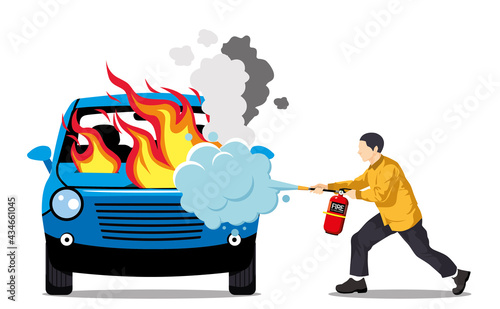 Man using a fire extinguisher to extinguish a fire from the kitchen