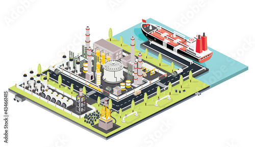 Refinery Plant. Oil Tank Farm. Maritime Port with Oil Tanker Moored at an Oil Storage Silo Terminal.