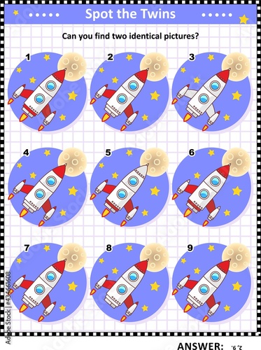 Visual puzzle: Find two identical pictures of rockets or spaceships. Answer included.
