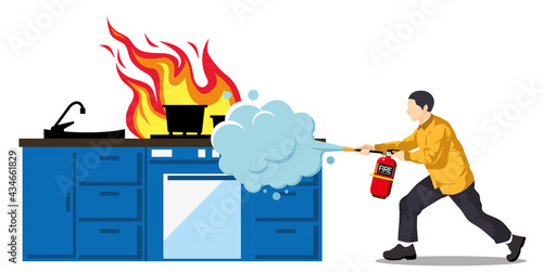 Man using a fire extinguisher to extinguish a fire from the kitchen
