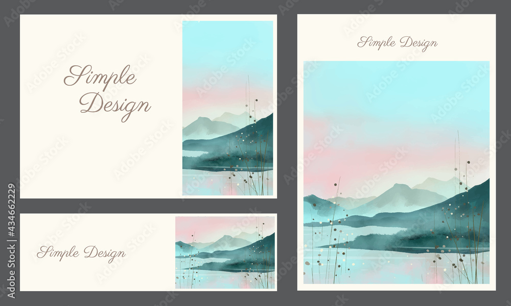 Mountain and lake nature illustration design for a simple, luxurious, and elegant card design. Beautiful and attractive look with watercolor painting. The clean white background keeps up with a trendy