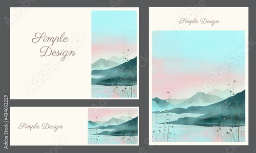 Mountain and lake nature illustration design for a simple, luxurious, and elegant card design. Beautiful and attractive look with watercolor painting. The clean white background keeps up with a trendy © pageh