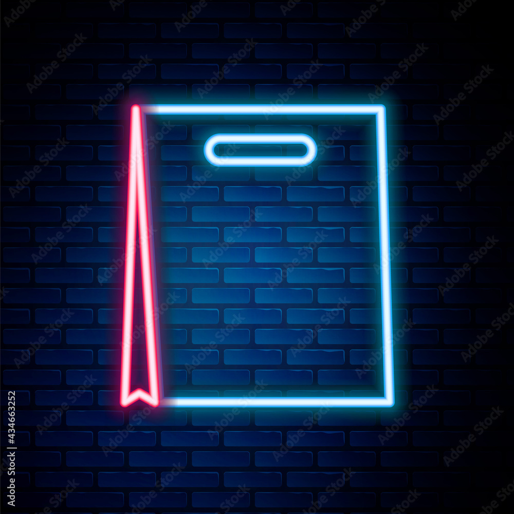 Glowing neon line Paper shopping bag icon isolated on brick wall background. Package sign. Colorful outline concept. Vector Glowing neon line Paper shopping bag icon isolated on brick wall background. Package sign. Colorful outline concept. Vector
