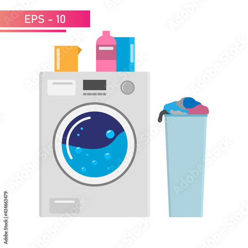 Laundry machine, large laundry basket. Washing powder. Realistic design. On a white background. Flat vector illustration.