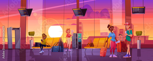 Travelers in airport waiting room, tourists people with luggage wait plane boarding in terminal with chairs, security scanner and schedule display. Departure area interior, cartoon vector illustration