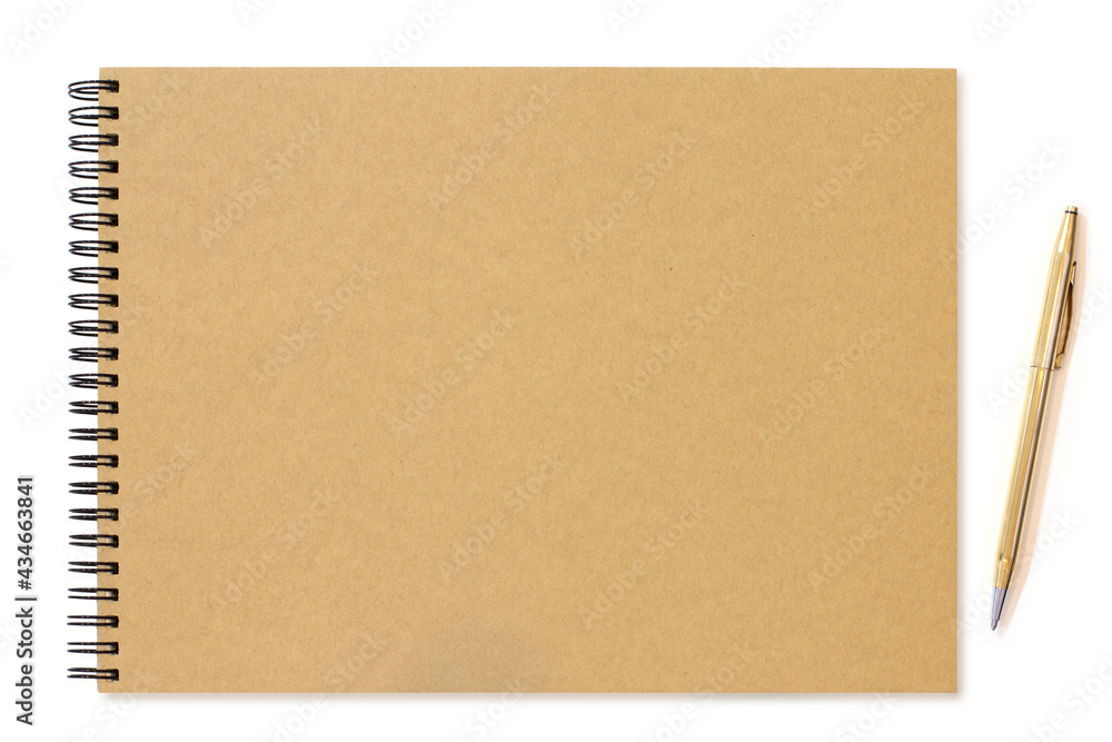 Brown blank notepad with pen on white background Brown blank notepad with pen on white background