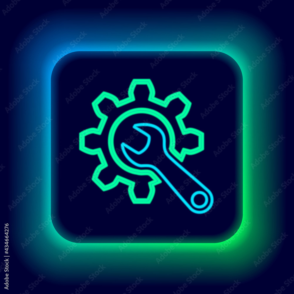Glowing neon line Wrench and gear icon isolated on black background. Adjusting, service, setting, maintenance, repair, fixing. Colorful outline concept. Vector Glowing neon line Wrench and gear icon isolated on black background. Adjusting, service, setting, maintenance, repair, fixing. Colorful outline concept. Vector