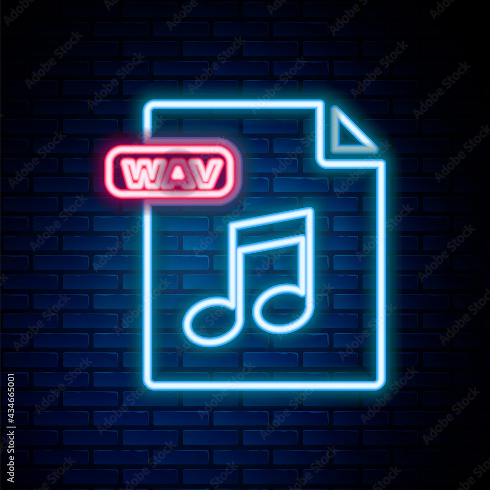 Glowing neon line WAV file document. Download wav button icon isolated on brick wall background. WAV waveform audio file format for digital audio riff files. Colorful outline concept. Vector Glowing neon line WAV file document. Download wav button icon isolated on brick wall background. WAV waveform audio file format for digital audio riff files. Colorful outline concept. Vector