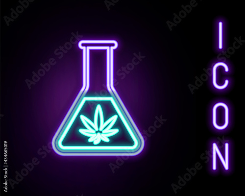 Glowing neon line Chemical test tube with marijuana or cannabis leaf icon isolated on black background. Research concept. Laboratory CBD oil concept. Colorful outline concept. Vector