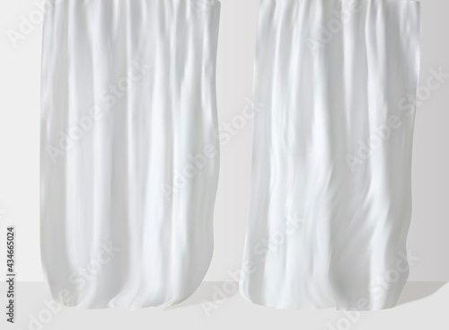 White lightweight fabric curtain fluttering realistic vector illustration mock up. Shower or window fabric on a curtain rod template.