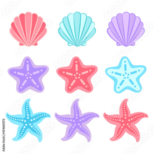 seashell, shell, starfish set, summer marine vector illustration