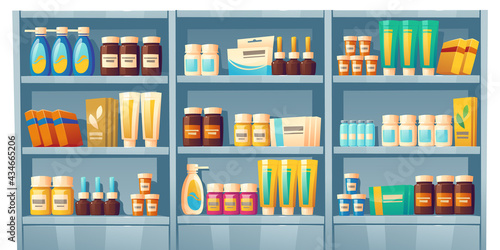 Pharmacy shelves with medicines, drugstore showcase with pills, vitamins, bottles with liquid medications and cream in tubes. Vector cartoon illustration of rack with medical drugs and tablets