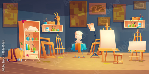 Art studio, classroom with easels, paints and brushes on shelves, bust and paintings on wall. Vector cartoon interior of artist workshop, school class with equipment for education children to draw