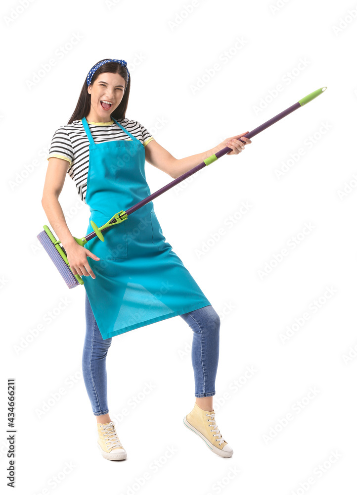 Young woman with floor mop on white background Young woman with floor mop on white background
