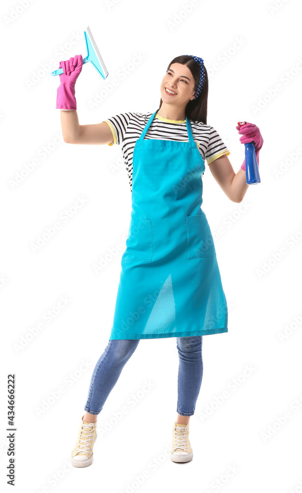 Young woman with detergent and squeegee on white background Young woman with detergent and squeegee on white background