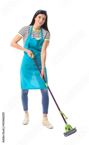 Young woman with floor mop on white background
