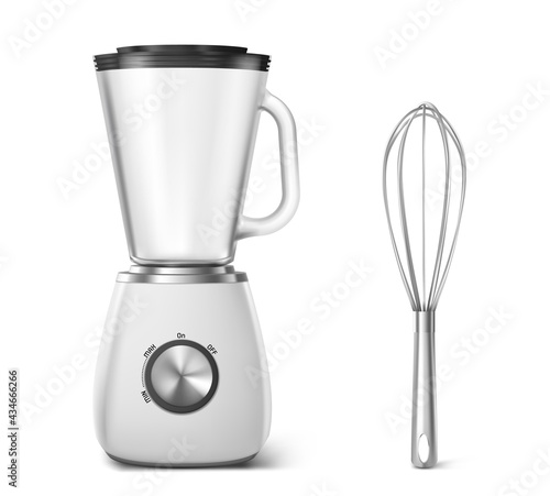 Kitchen appliances electric blender and whisk. Household equipment for cooking food, mixer with cup and turner front view, home tech and tool isolated on white background, realistic 3d vector mockup