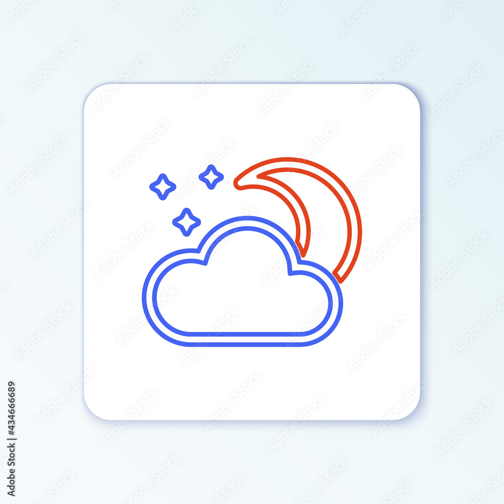 Line Cloud with moon and stars icon isolated on white background. Cloudy night sign. Sleep dreams symbol. Night or bed time sign. Colorful outline concept. Vector Line Cloud with moon and stars icon isolated on white background. Cloudy night sign. Sleep dreams symbol. Night or bed time sign. Colorful outline concept. Vector
