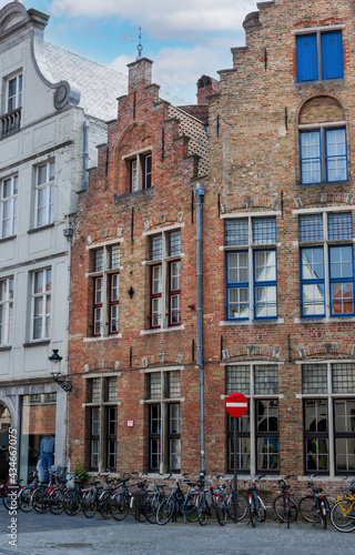 Facades and roofs of houses in the Gothic style. Bruges, Belgium