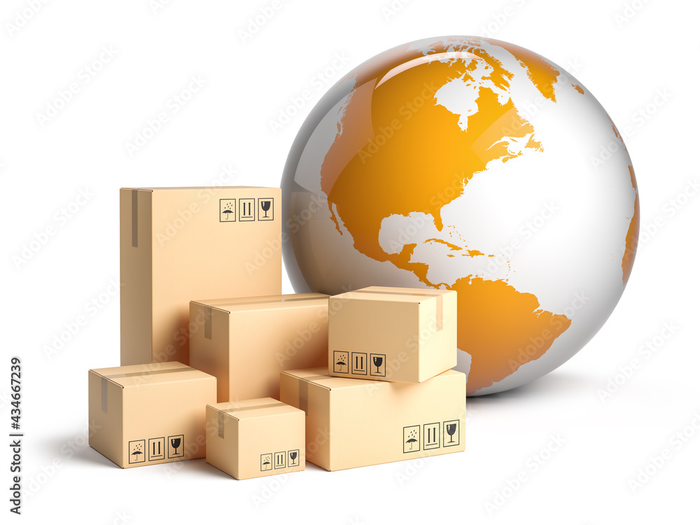 Cardboard parcels and Earth planet, Worldwide delivery concept. 3D ...