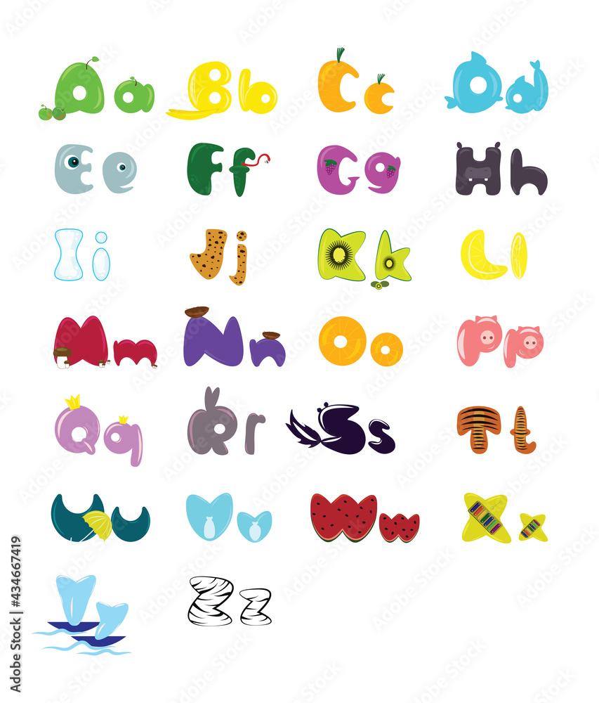 Color English alphabet with designations. Hilarious alphabet.