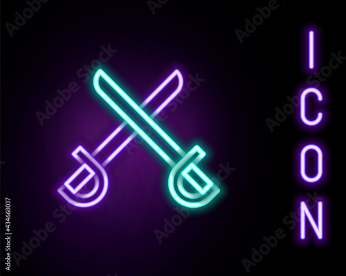 Glowing neon line Crossed pirate swords icon isolated on black background. Sabre sign. Colorful outline concept. Vector