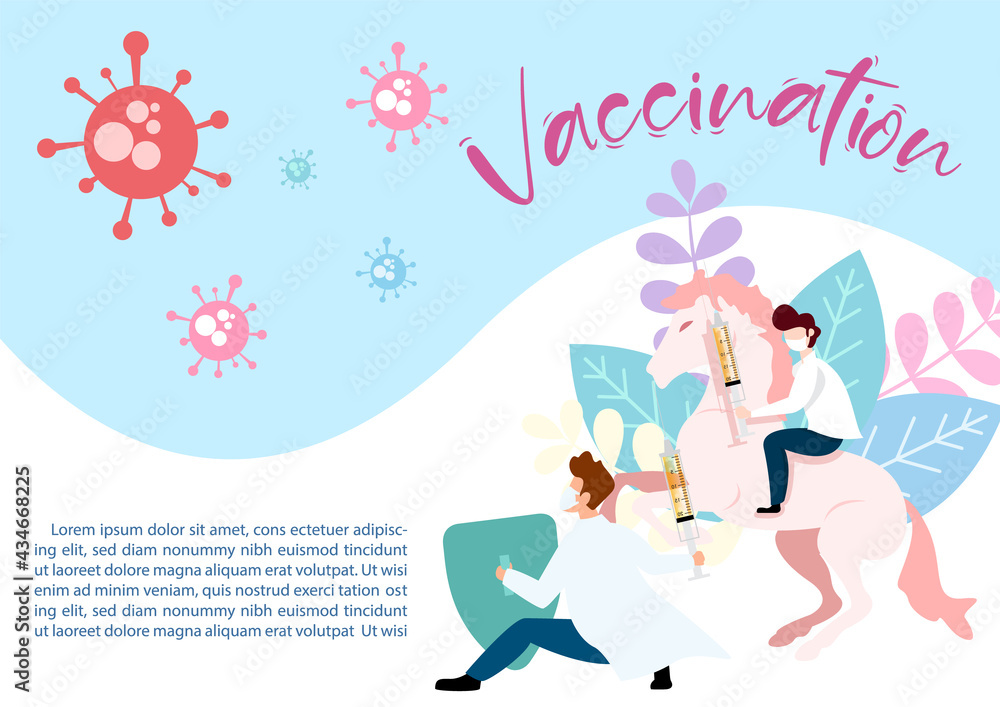 Doctor in cartoon character be a knight and holding vaccine's syringe to fighting virus on decoration plants and Vaccination wording, example texts and blue background.