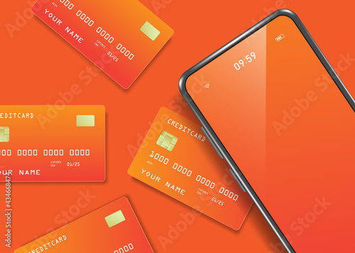 Orange credit card and orange Screen Smartphone Placed on an orange background for financial and shopping online concept design,vector 3d isolated template,free space on mobile screen to enter text