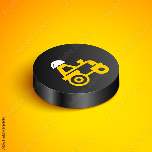 Isometric line Self driving wireless tractor on a smart farm icon isolated on yellow background. Smart agriculture implement element. Black circle button. Vector