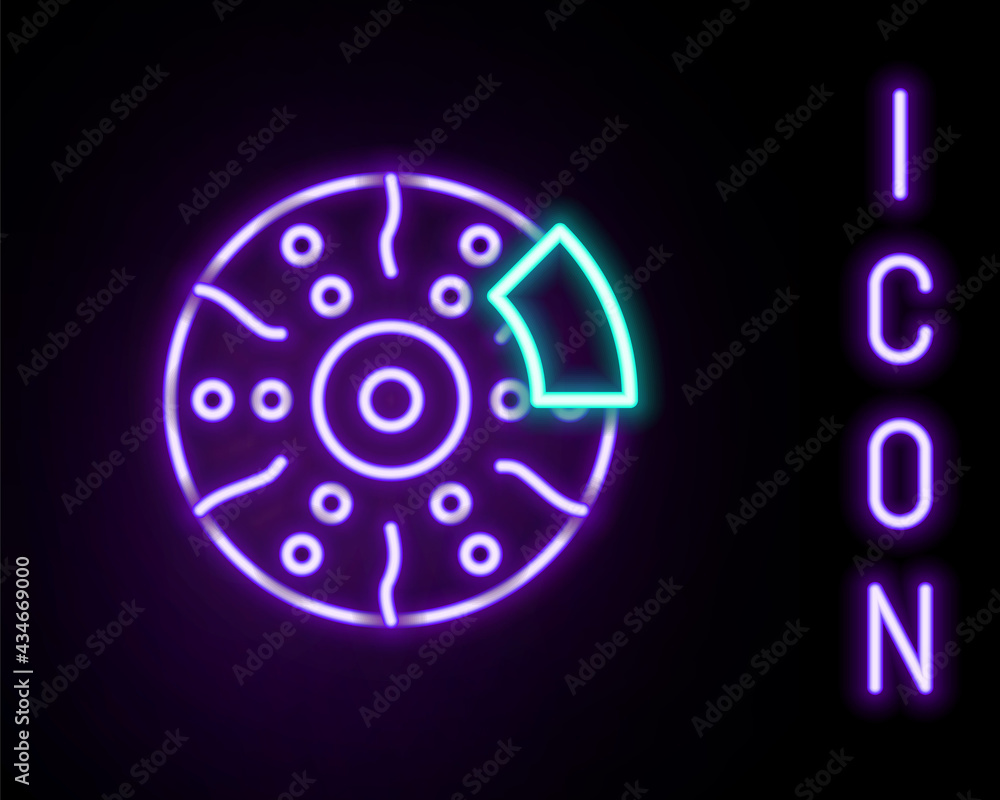 Glowing neon line Car brake disk with caliper icon isolated on black background. Colorful outline concept. Vector Glowing neon line Car brake disk with caliper icon isolated on black background. Colorful outline concept. Vector