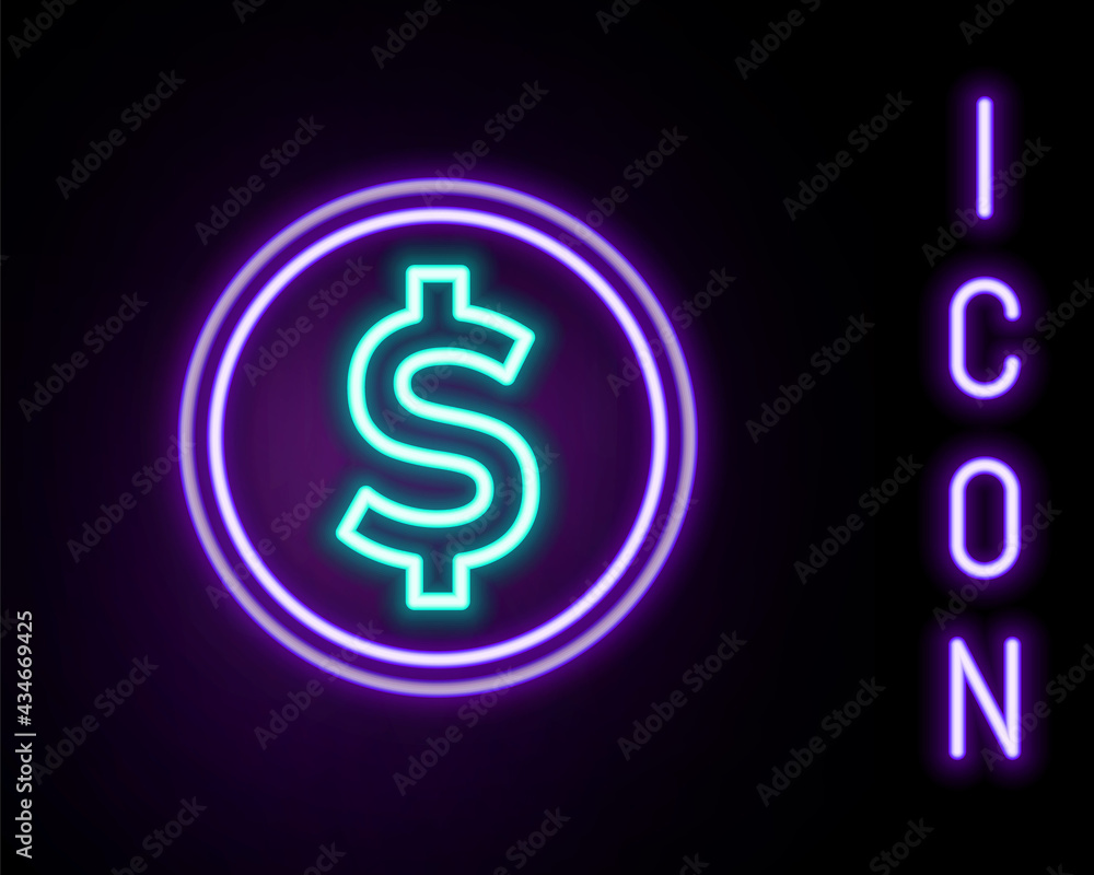 Glowing neon line Coin money with dollar symbol icon isolated on black background. Banking currency sign. Cash symbol. Colorful outline concept. Vector Glowing neon line Coin money with dollar symbol icon isolated on black background. Banking currency sign. Cash symbol. Colorful outline concept. Vector