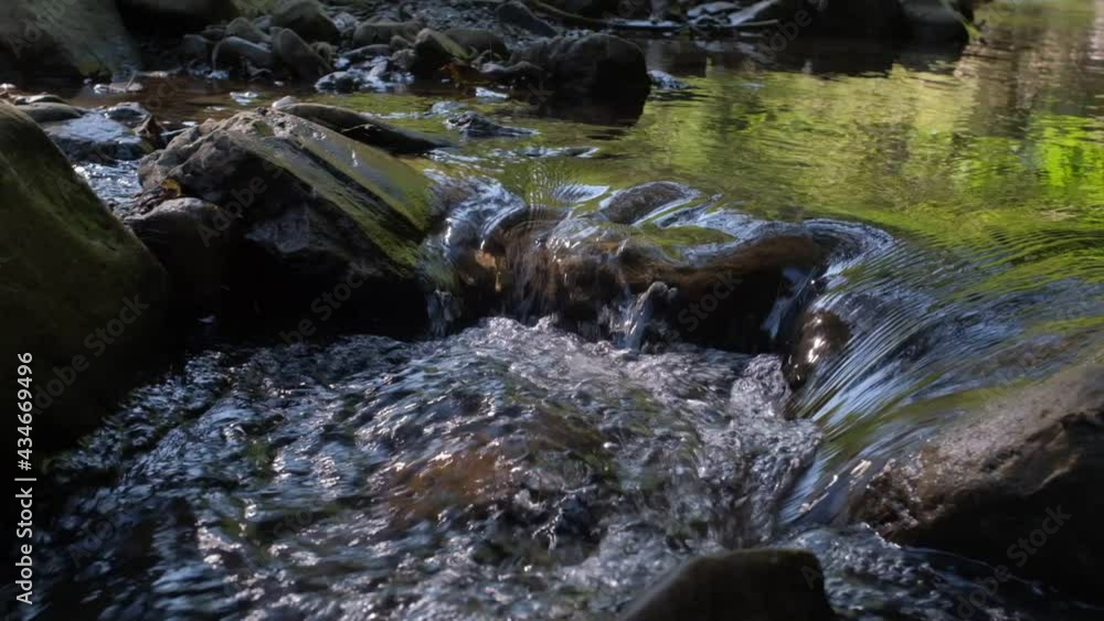 Clear spring water. The slow, smooth current creates bizarre reflections on the surface of the stream and small eddies. Close-up. Slow Motion. Clear spring water. The slow, smooth current creates bizarre reflections on the surface of the stream and small eddies. Close-up. Slow Motion.