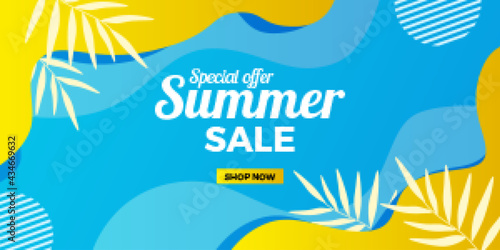 summer sale offer banner promotion with wave abstract memphis style with blue and yellow background