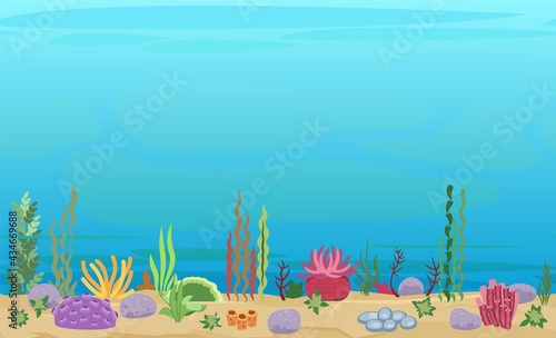 Sandy bottom of the reservoir. Blue transparent clear water. Sea ocean. Underwater landscape with plants, algae and corals. Illustration in cartoon style. Flat design. Vector art