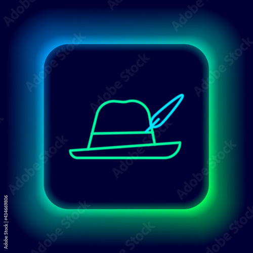Glowing neon line Oktoberfest hat icon isolated on black background. Hunter hat with feather. German hat. Colorful outline concept. Vector