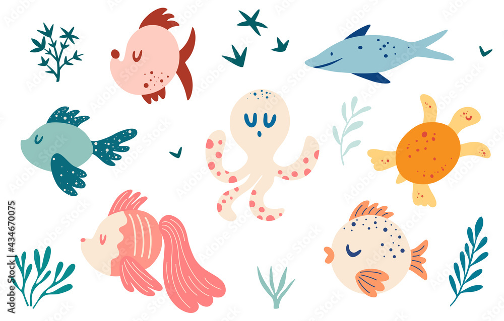 Set with fish. Various types of fish, turtle, octopus. Marine animals and aquatic  plants. Maritime concept. Underwater creature collection. Sea creatures.  Funny cartoon character. Vector illustration. Stock Vector | Adobe Stock