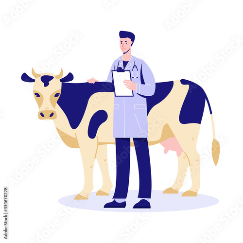 Veterinarian with a cow. Health check. Preparing for vaccination. Vector illustration in flat cartoon style. Isolated on a white background.