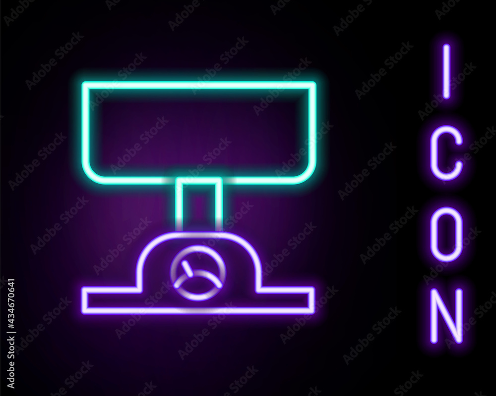 Glowing neon line Electronic scales icon isolated on black background. Weight measure equipment. Colorful outline concept. Vector Glowing neon line Electronic scales icon isolated on black background. Weight measure equipment. Colorful outline concept. Vector