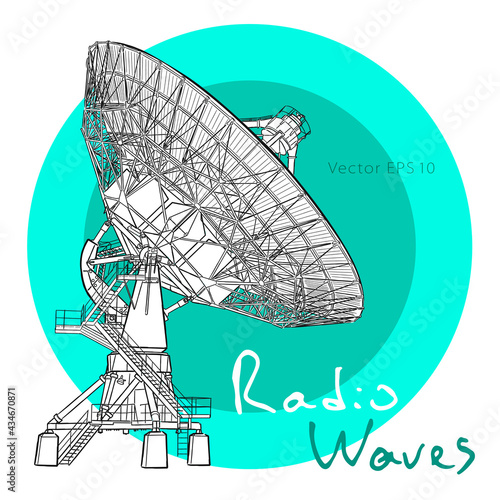 Radio telescope dishes antenna. Vector sketch draw