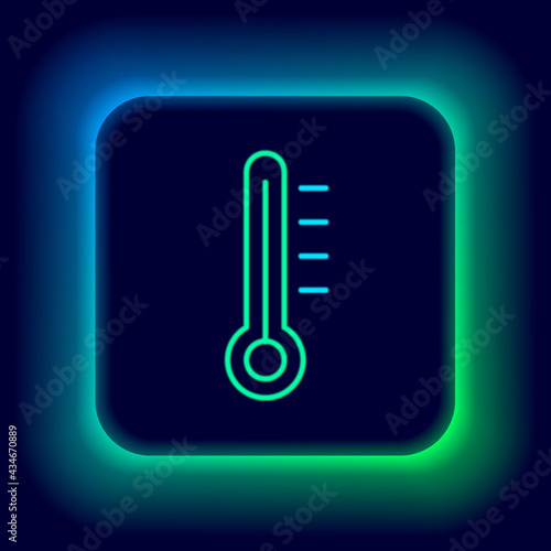 Glowing neon line Meteorology thermometer measuring icon isolated on black background. Thermometer equipment showing hot or cold weather. Colorful outline concept. Vector