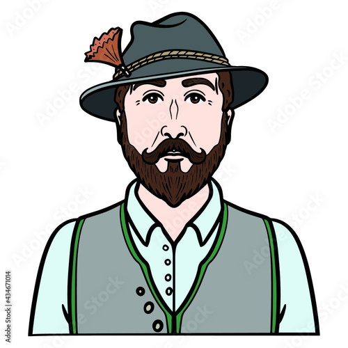Bavarian farmer with traditional costume. hat, vest, avatar, comic.