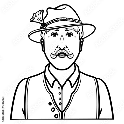 bavarian avatar. outline, monochrome, upper body.