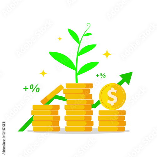 gold coin with plant shoots, profit, return of investment concept illustration flat design vector eps10. modern graphic element for landing page, empty state ui, infographic, icon