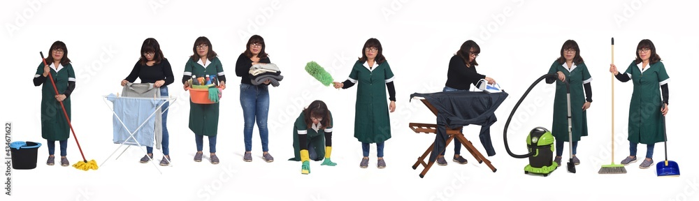 Obraz premium woman doing different cleaning tasks on white background