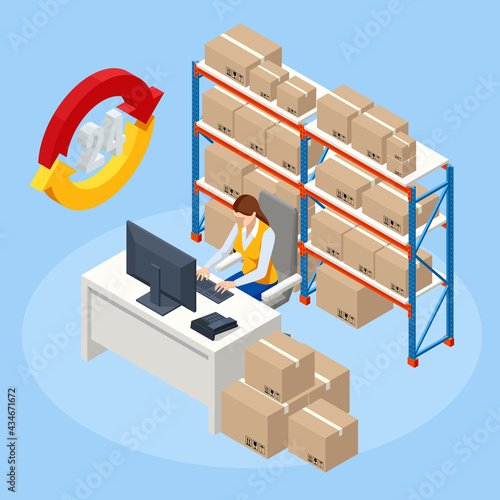 Isometric woman working at computer in on-site office of a warehouse. Staff managing warehouse logistics. Isometric Logistics and Delivery Infographics.