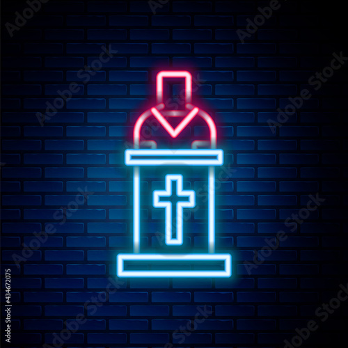 Glowing neon line Church pastor preaching icon isolated on brick wall background. Colorful outline concept. Vector