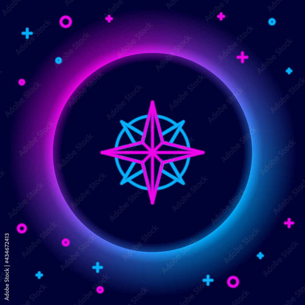 Glowing neon line Wind rose icon isolated on black background. Compass icon for travel. Navigation design. Colorful outline concept. Vector Glowing neon line Wind rose icon isolated on black background. Compass icon for travel. Navigation design. Colorful outline concept. Vector