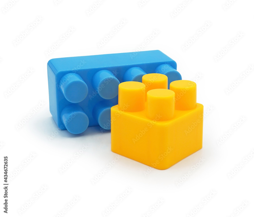 Plastic building toy blocks isolated on white background, Cut out with clipping path Plastic building toy blocks isolated on white background, Cut out with clipping path